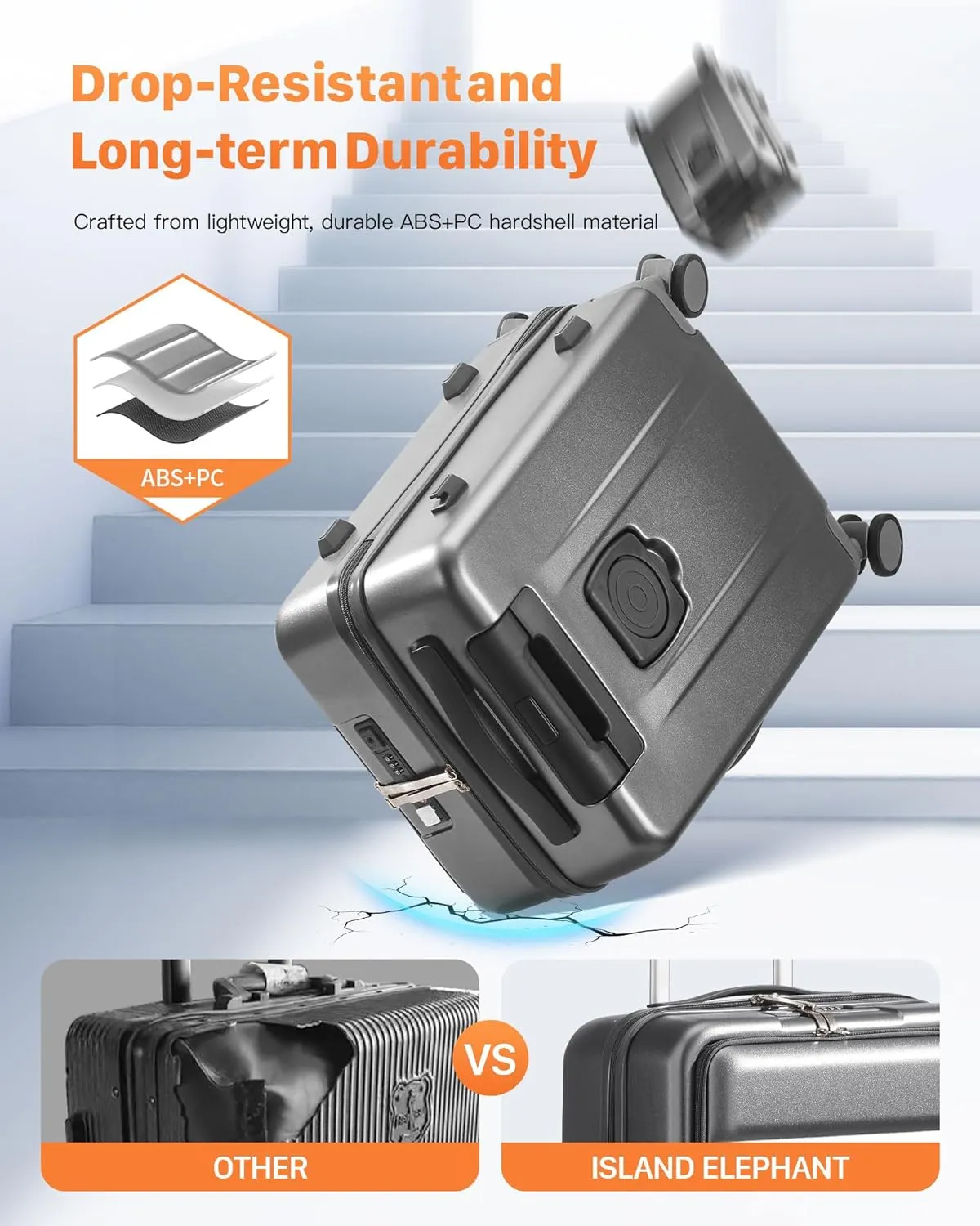 20 IN Carry On Luggage 22x14x9 Airline Approved - Front Pocket Hardside Travel Suitcase Unbreakable -with Cup Holder,Charging Port,Side Pothook, 360??Spinner Wheels, TSA Lock-Grey