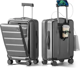 20 IN Carry On Luggage 22x14x9 Airline Approved - Front Pocket Hardside Travel Suitcase Unbreakable -with Cup Holder,Charging Port,Side Pothook, 360??Spinner Wheels, TSA Lock-Grey