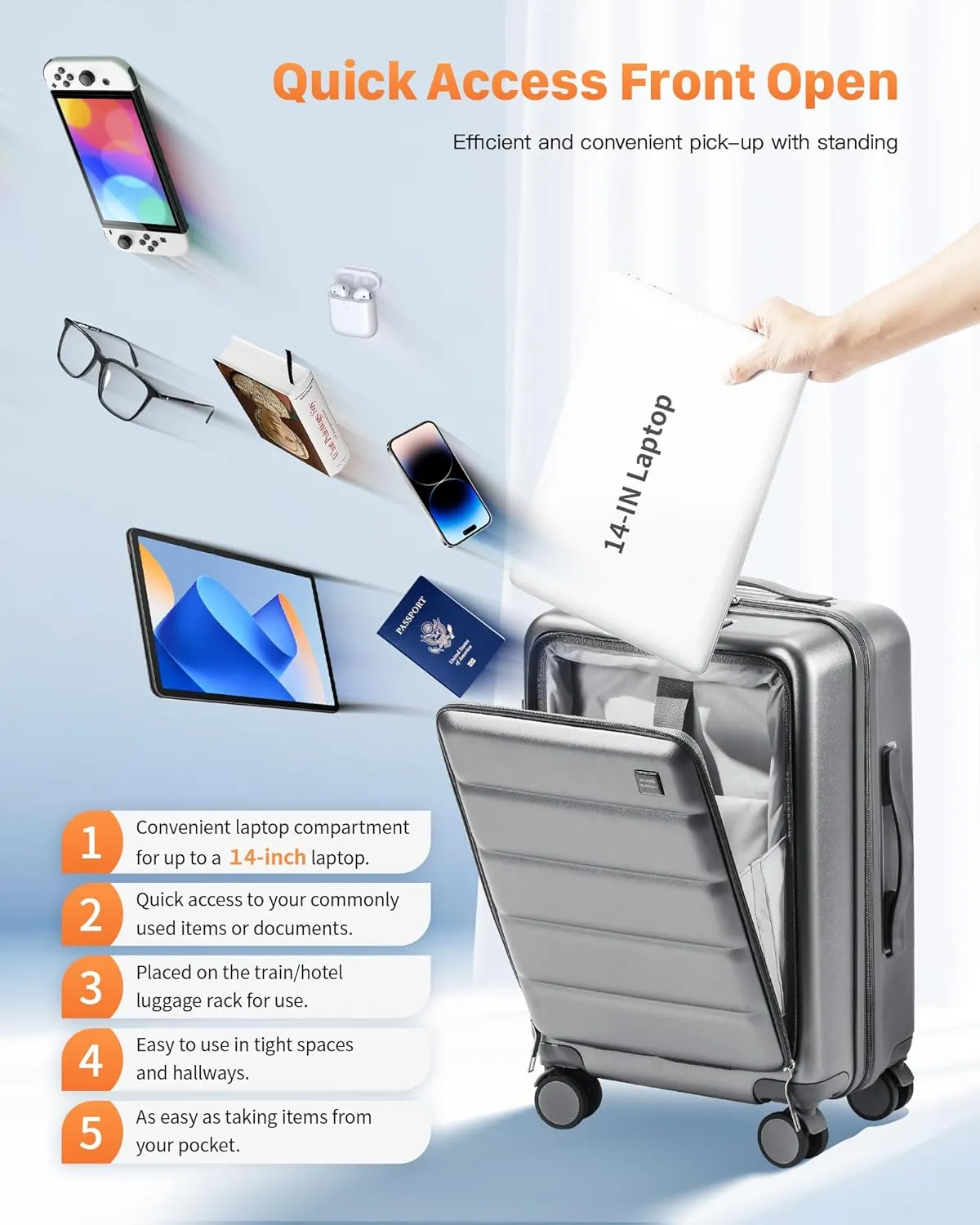 20 IN Carry On Luggage 22x14x9 Airline Approved - Front Pocket Hardside Travel Suitcase Unbreakable -with Cup Holder,Charging Port,Side Pothook, 360??Spinner Wheels, TSA Lock-Grey