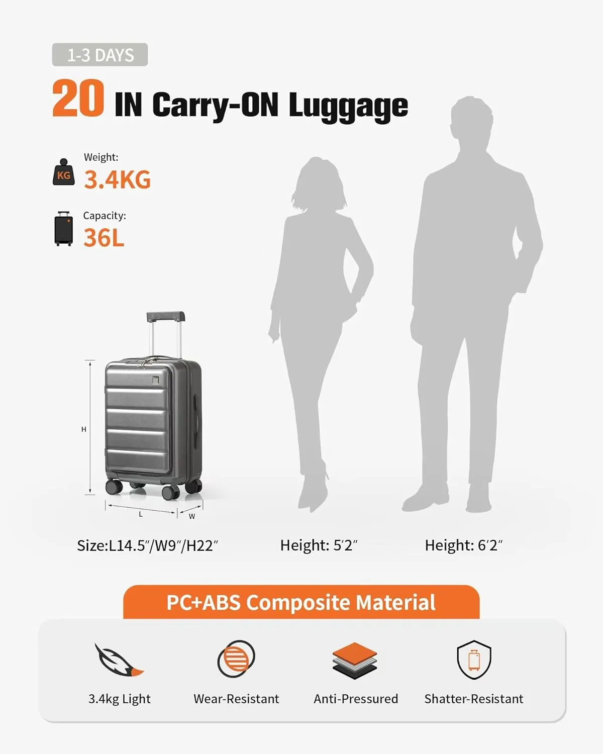 20 IN Carry On Luggage 22x14x9 Airline Approved - Front Pocket Hardside Travel Suitcase Unbreakable -with Cup Holder,Charging Port,Side Pothook, 360??Spinner Wheels, TSA Lock-Grey