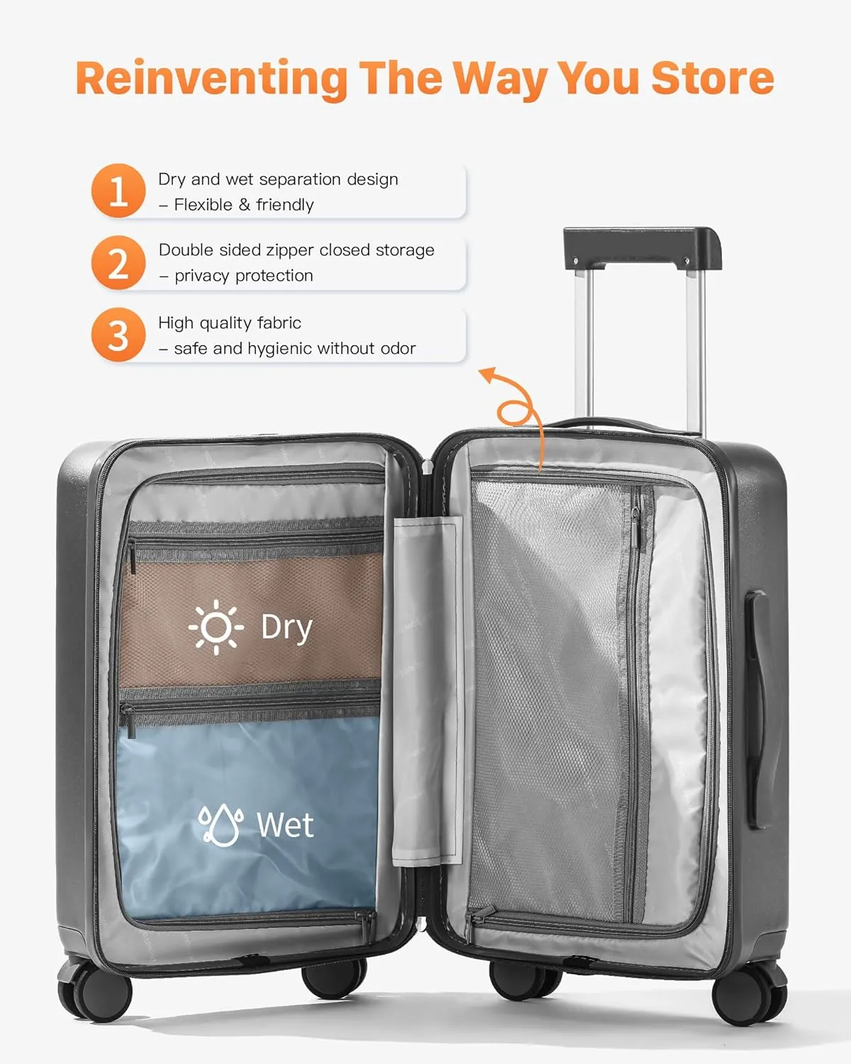 20 IN Carry On Luggage 22x14x9 Airline Approved - Front Pocket Hardside Travel Suitcase Unbreakable -with Cup Holder,Charging Port,Side Pothook, 360??Spinner Wheels, TSA Lock-Grey