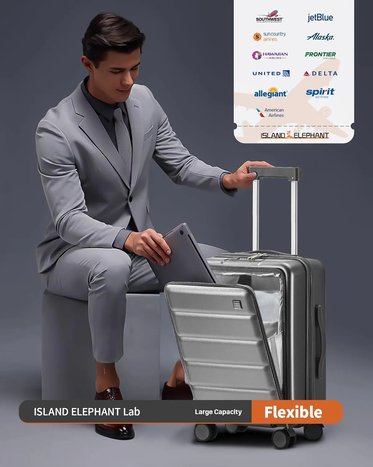 20 IN Carry On Luggage 22x14x9 Airline Approved - Front Pocket Hardside Travel Suitcase Unbreakable -with Cup Holder,Charging Port,Side Pothook, 360??Spinner Wheels, TSA Lock-Grey