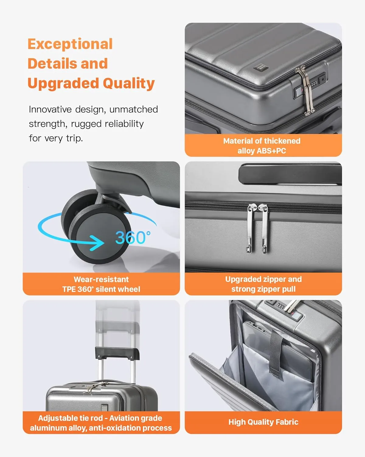 20 IN Carry On Luggage 22x14x9 Airline Approved - Front Pocket Hardside Travel Suitcase Unbreakable -with Cup Holder,Charging Port,Side Pothook, 360??Spinner Wheels, TSA Lock-Grey