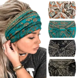 4 Packs Wide Headbands for Women Knotted Non Slip Fashion Cute Paisley Printed Head Bands for Women??s Hair Large African Bandana Boho Hairbands Yoga Running Workout Thick Turban Hair Accessories