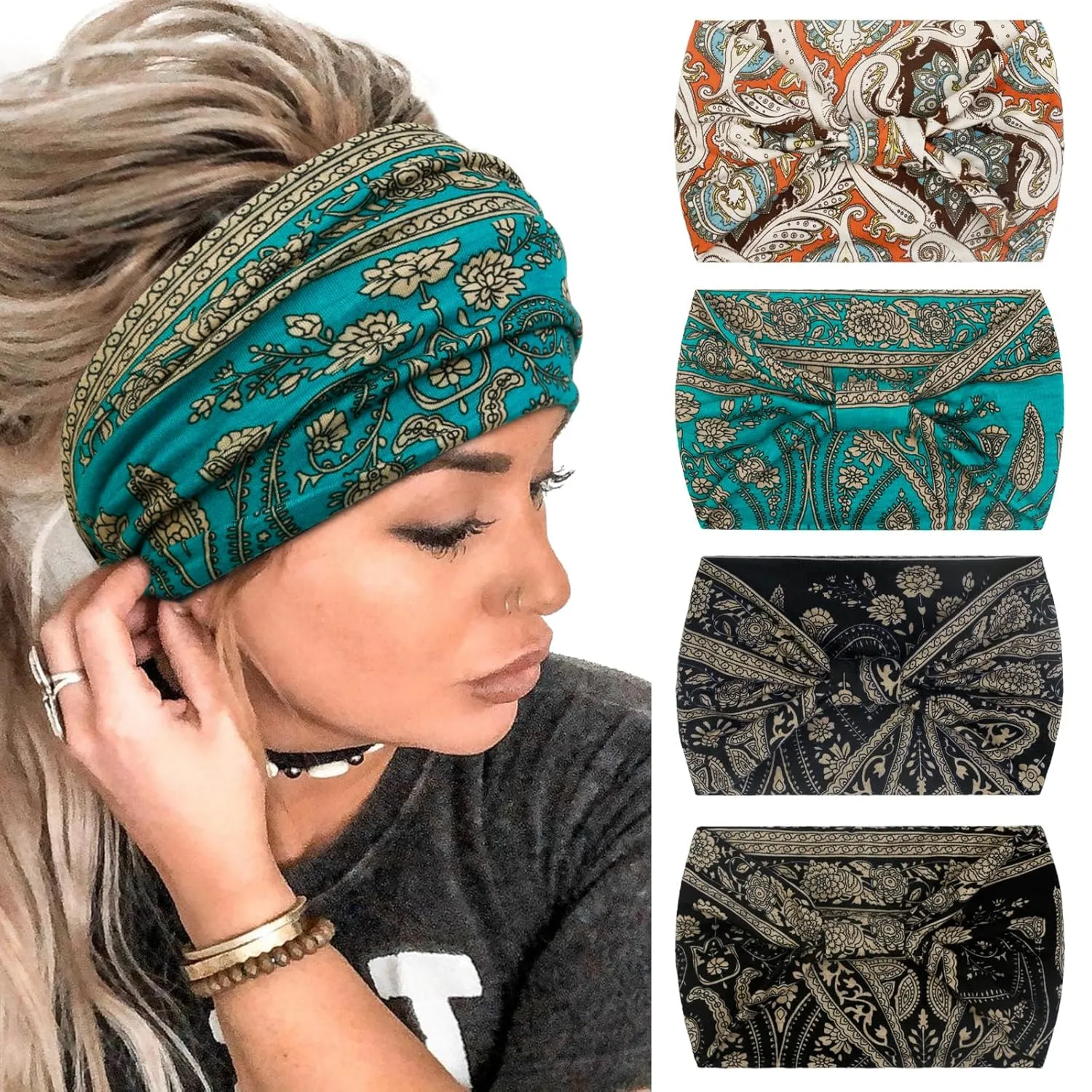 4 Packs Wide Headbands for Women Knotted Non Slip Fashion Cute Paisley Printed Head Bands for Women??s Hair Large African Bandana Boho Hairbands Yoga Running Workout Thick Turban Hair Accessories