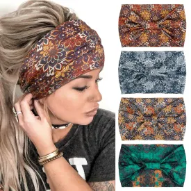 4 Packs Wide Headbands for Women Knotted Non Slip Fashion Floral Mandragora Printed Head Bands for Women??s Hair Large African Bandana Hairbands Sports Workout Thick Turban Hair Accessories