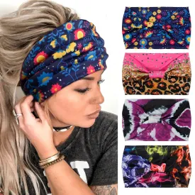 4 Packs Wide Headbands for Women Knotted Non Slip Fashion Flower Printed Colorful Leopard Head Bands for Women??s Hair Large African Bandana Boho Hairbands Yoga Running Sports Workout Thick Turban
