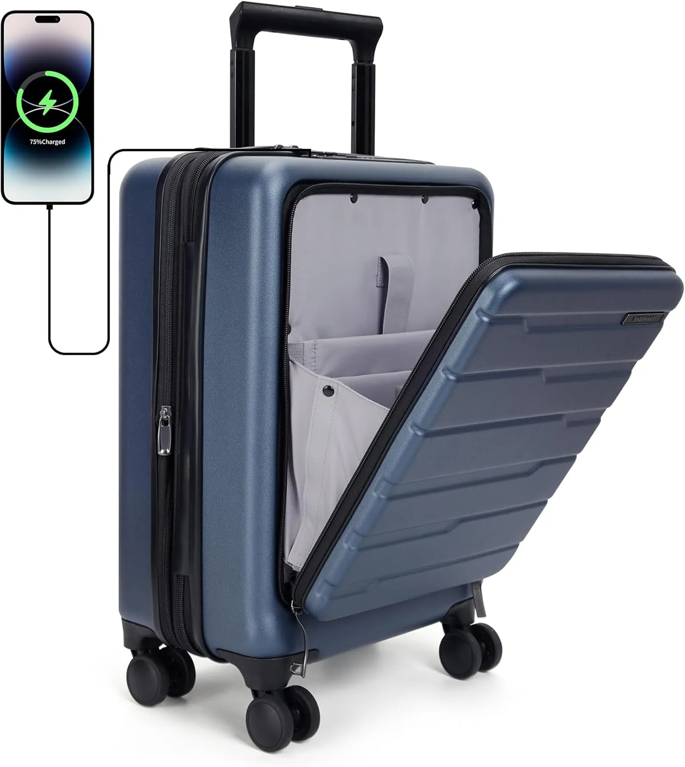 BAGSMART Expandable Carry On Luggage 22x14x9 Airline Approved, 20 Inch Suitcase with Spinner Wheels, Charging Ports, TSA Lock, Hard Shell Front Opening for Men Women Travel Business, Blue
