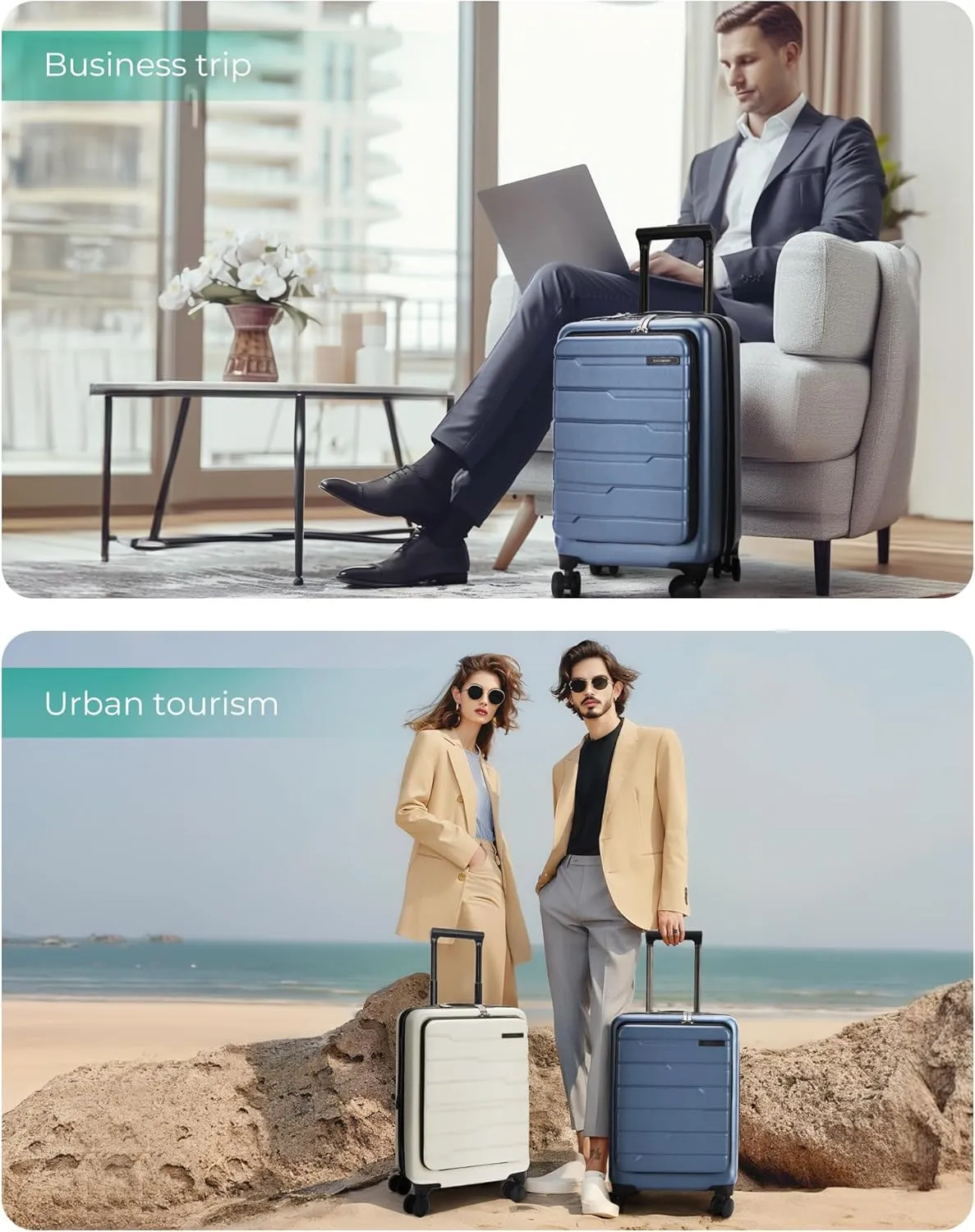 BAGSMART Expandable Carry On Luggage 22x14x9 Airline Approved, 20 Inch Suitcase with Spinner Wheels, Charging Ports, TSA Lock, Hard Shell Front Opening for Men Women Travel Business, Blue