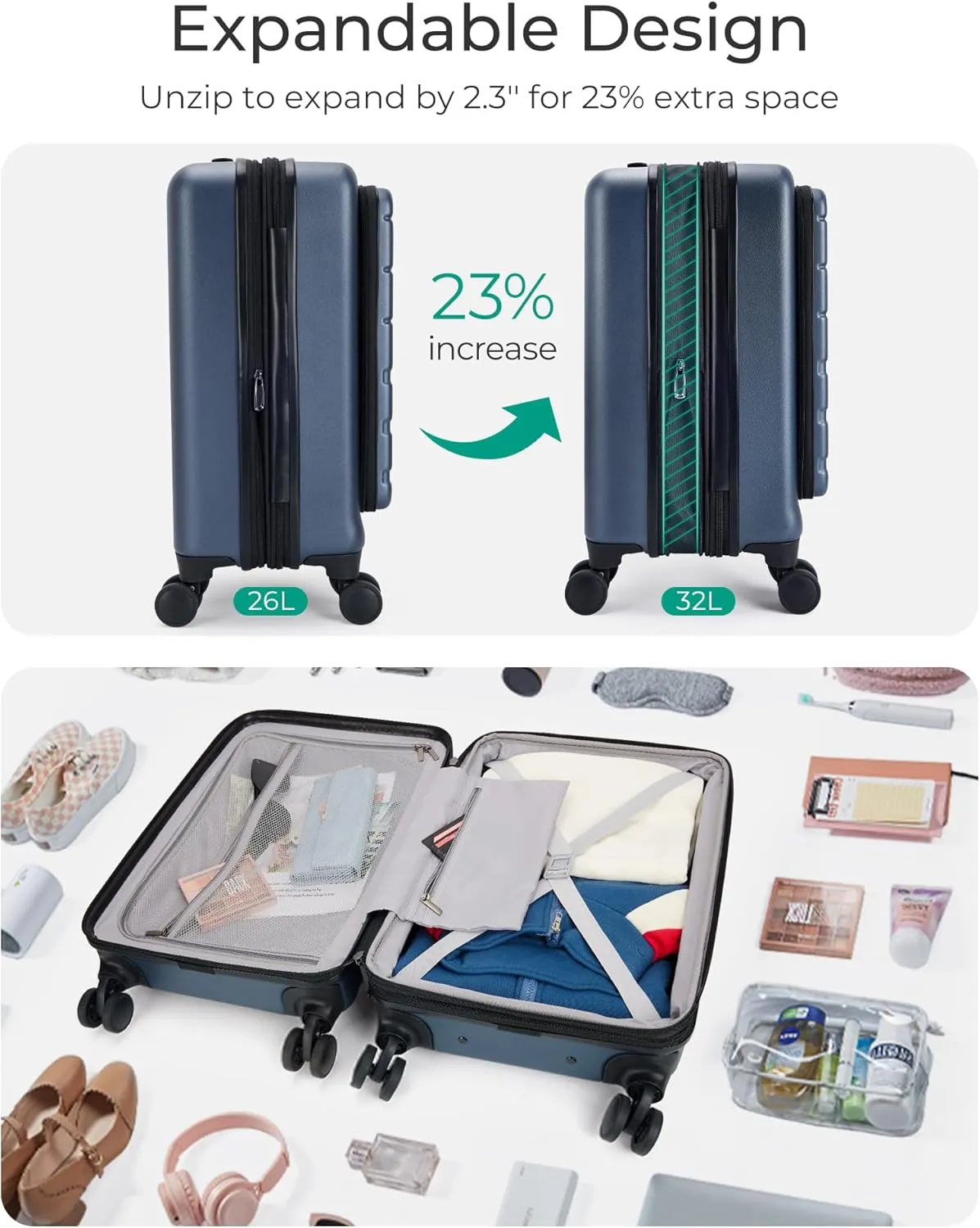 BAGSMART Expandable Carry On Luggage 22x14x9 Airline Approved, 20 Inch Suitcase with Spinner Wheels, Charging Ports, TSA Lock, Hard Shell Front Opening for Men Women Travel Business, Blue