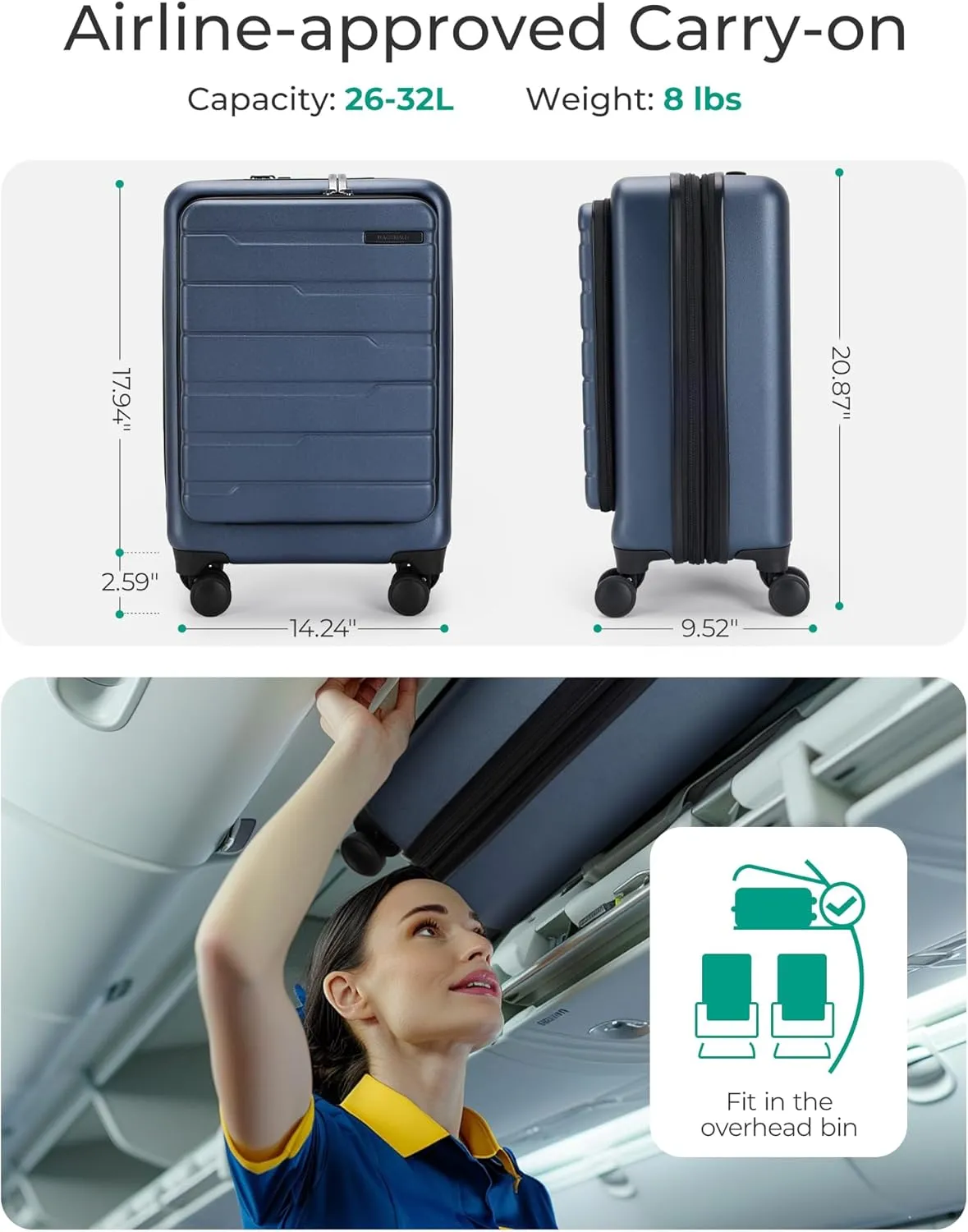 BAGSMART Expandable Carry On Luggage 22x14x9 Airline Approved, 20 Inch Suitcase with Spinner Wheels, Charging Ports, TSA Lock, Hard Shell Front Opening for Men Women Travel Business, Blue