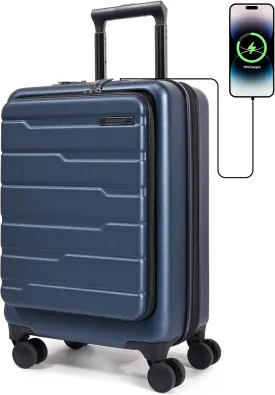 BAGSMART Expandable Carry On Luggage 22x14x9 Airline Approved, 20 Inch Suitcase with Spinner Wheels, Charging Ports, TSA Lock, Hard Shell Front Opening for Men Women Travel Business, Blue