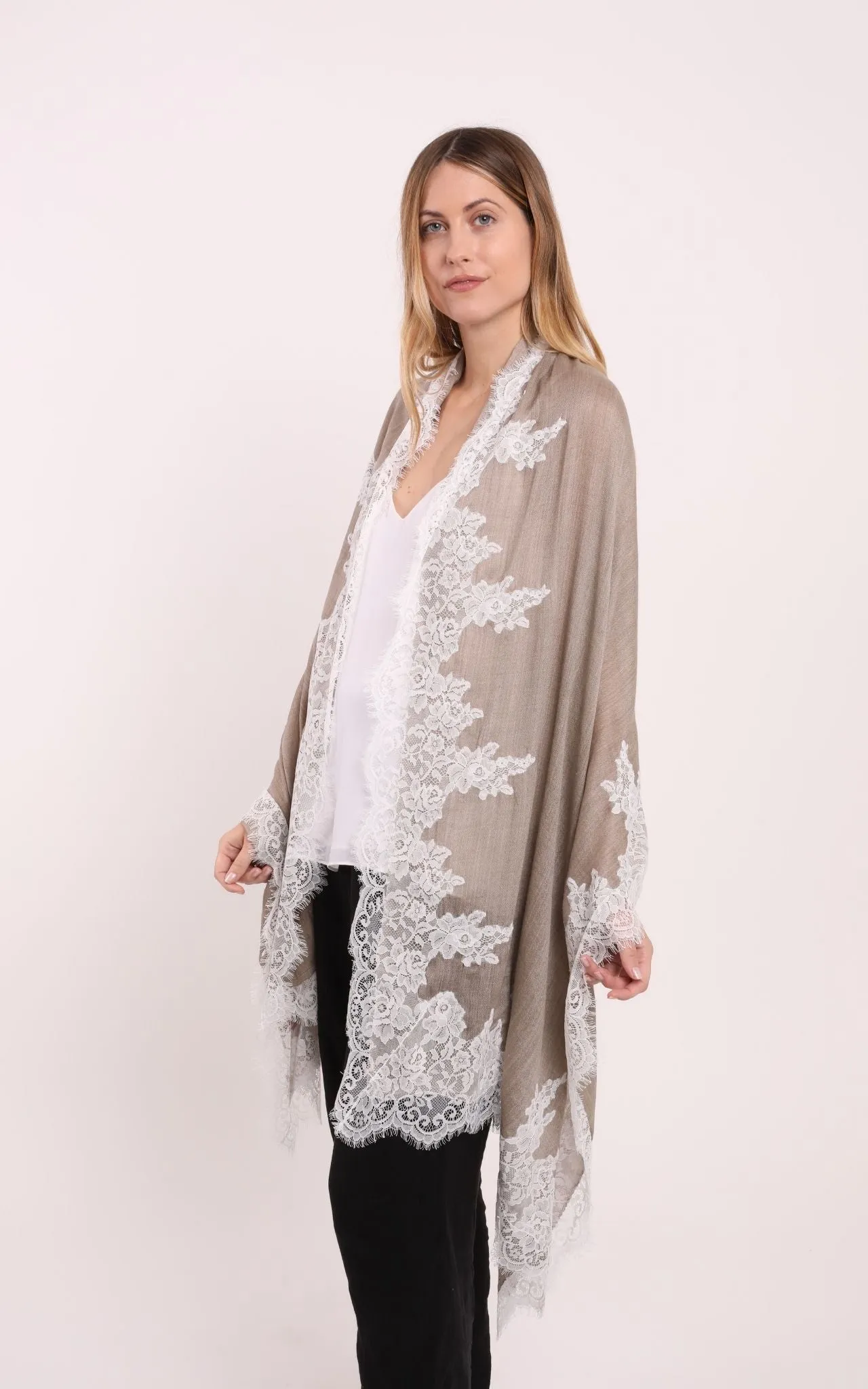 Beige Scarf with White Lace