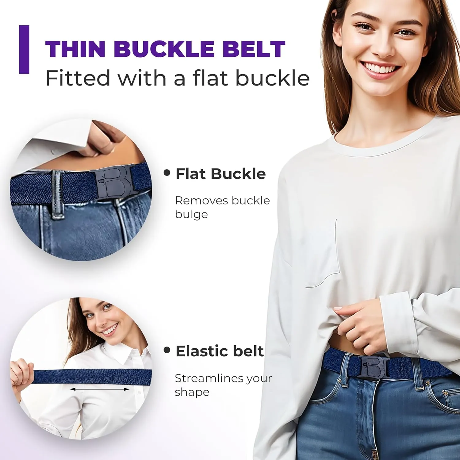 BELTAWAY Easily Adjustable No Show Women Stretch Belt Invisible Elastic Belt with Flat Buckle for Jeans Pants Dresses