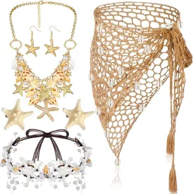 Blosssound 6 Pcs Summer Mermaid Costume Skirt Cover up Beach Hand Crochet Shawl Starfish Pearl Hair Clips Shell Necklace