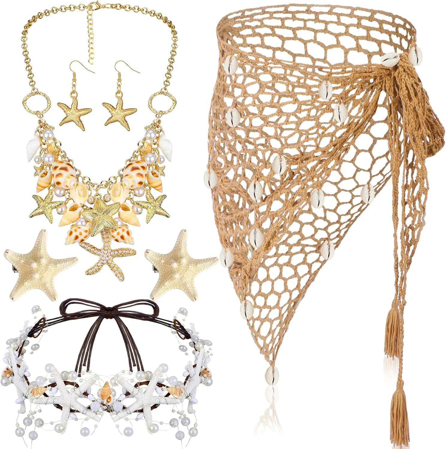 Blosssound 6 Pcs Summer Mermaid Costume Skirt Cover up Beach Hand Crochet Shawl Starfish Pearl Hair Clips Shell Necklace