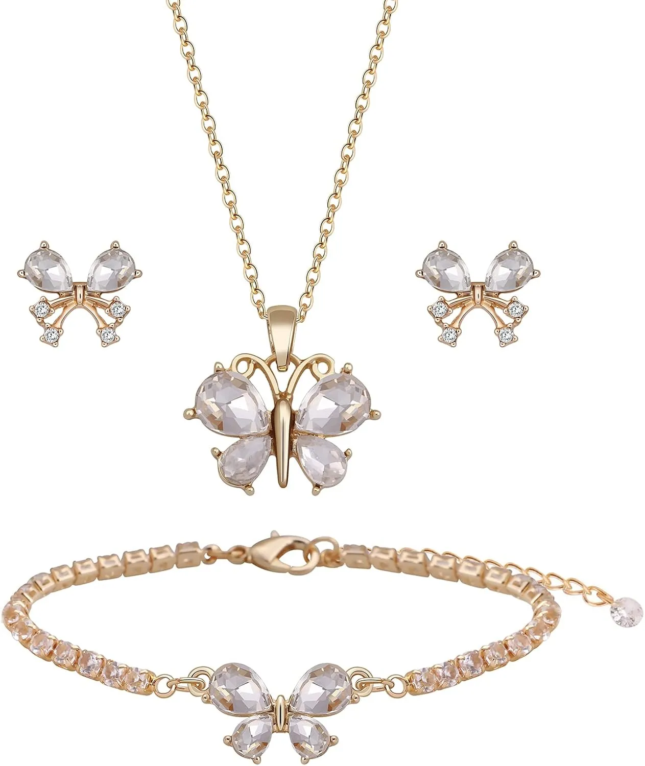 Bridesmaid Jewelry Set for Women 18K Gold & Silver & Rose Gold Plated Butterfly Pendant Necklace Earrings Bracelet Set,Bridesmaid Gift for Wedding/Proposal/Party/Anniversary