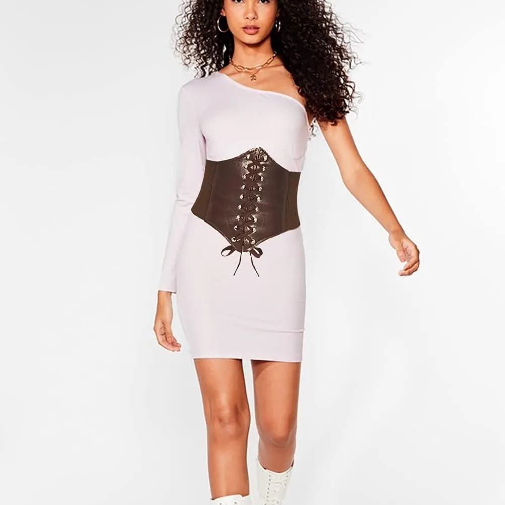 Corset Waist Belt for Women Lace-up Wide Leather Belts Elastic Tied Waspie Waist Cinchers for Dress