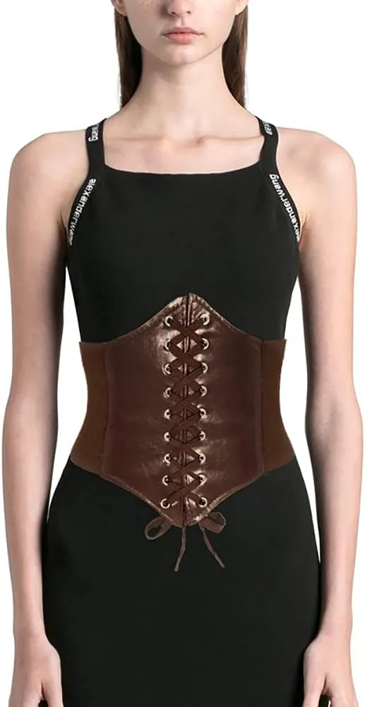Corset Waist Belt for Women Lace-up Wide Leather Belts Elastic Tied Waspie Waist Cinchers for Dress