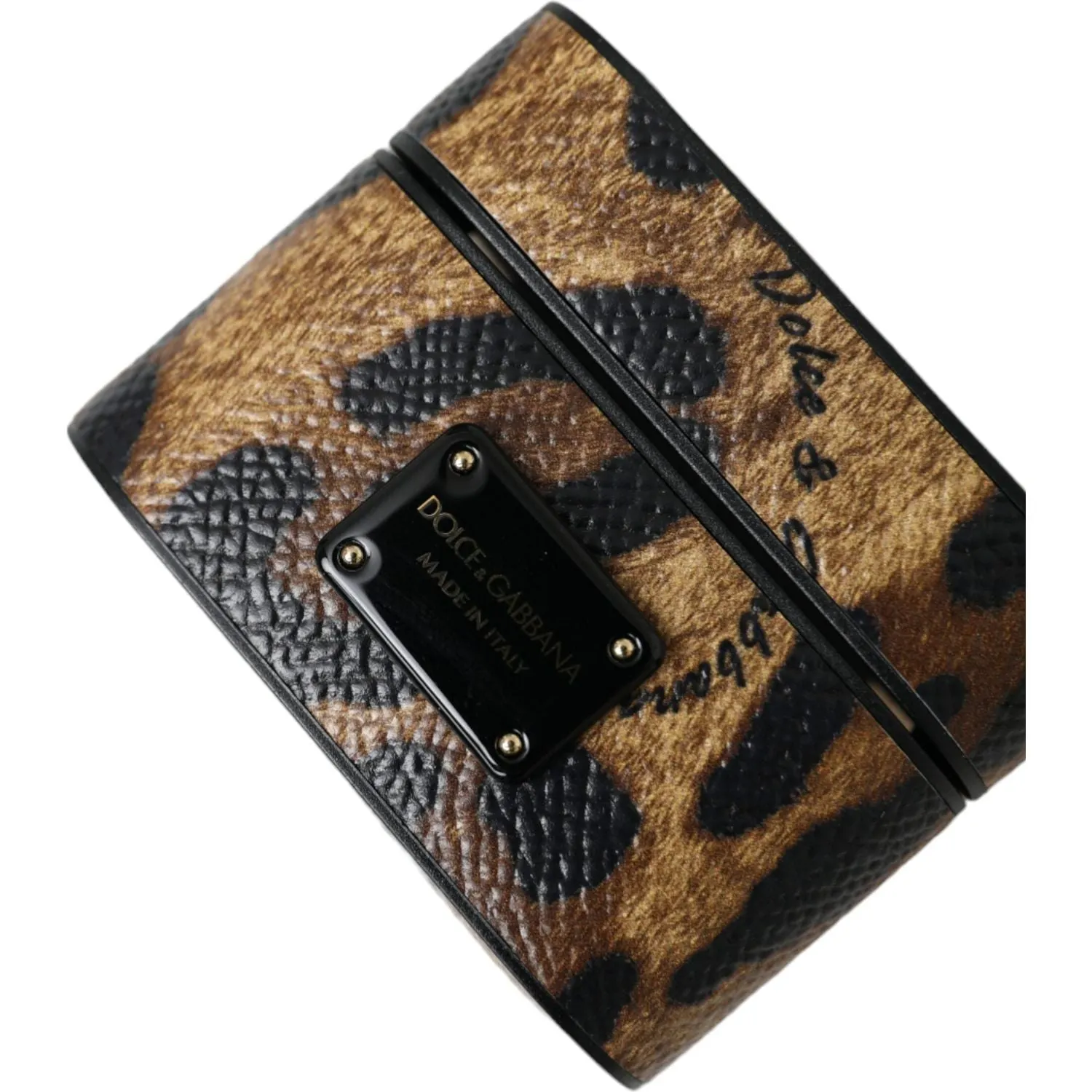 Dolce & Gabbana Brown Leopard Calf Leather Metal Logo Plaque Airpods Case