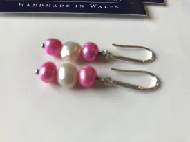Earrings: Pink and ivory triple pearl drop earrings