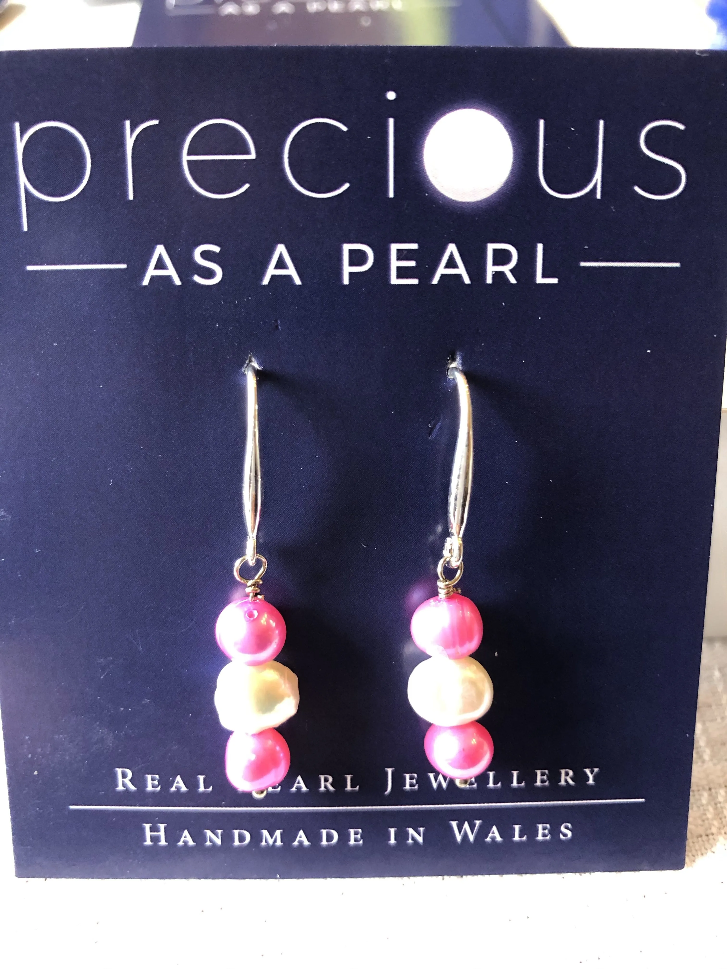 Earrings: Pink and ivory triple pearl drop earrings