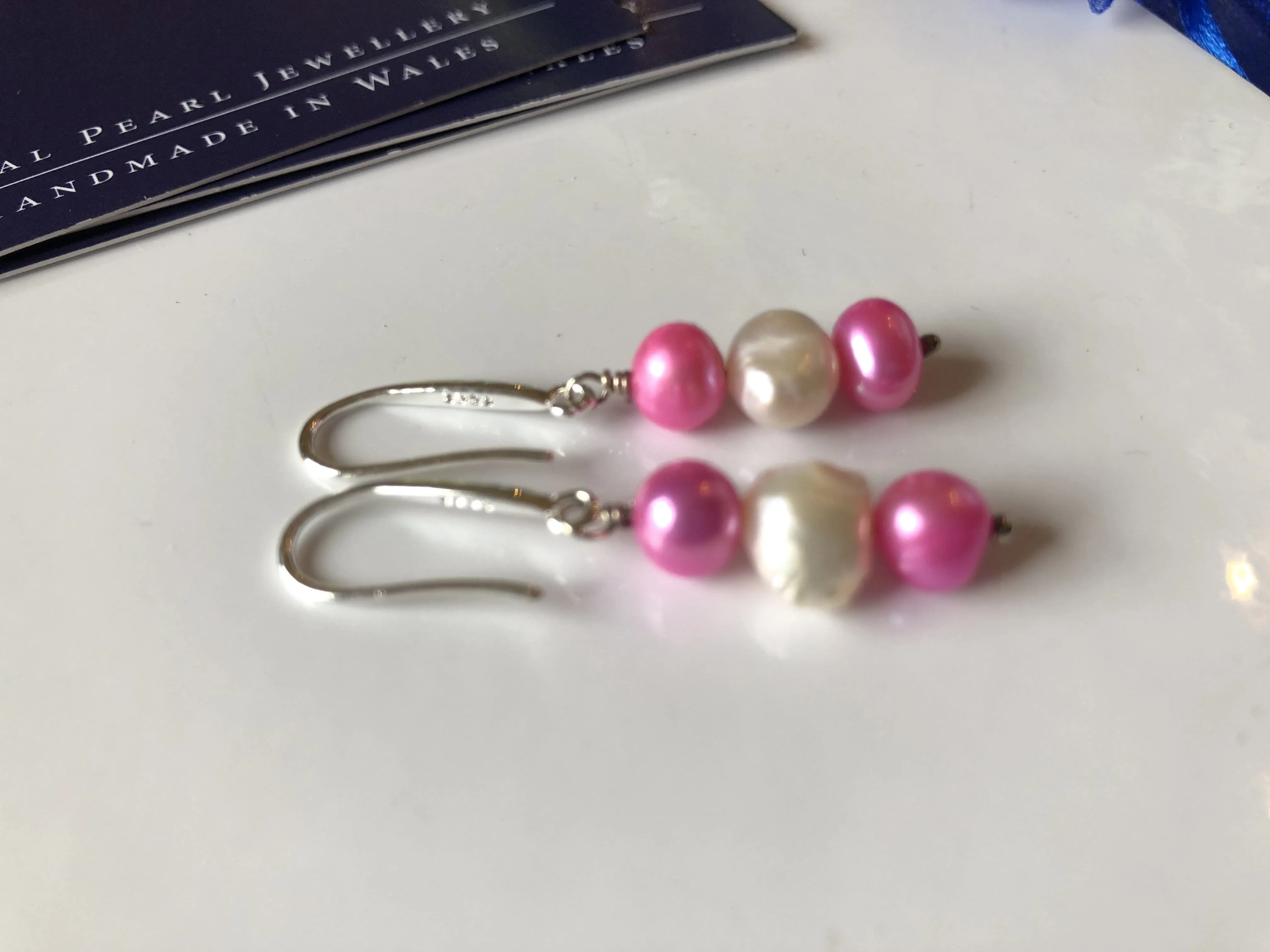 Earrings: Pink and ivory triple pearl drop earrings