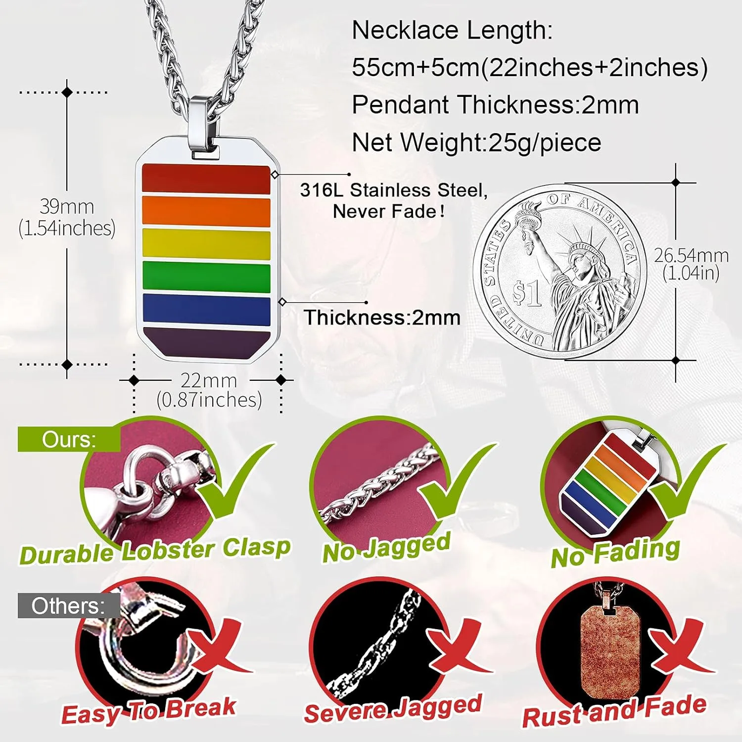 FaithHeart LGBT Gay Pride Jewelry Rainbow Pendant Necklace for Men Women, Stainless Steel/18K Gold Plated Bar/Dog Tag Shape Personalized Customize