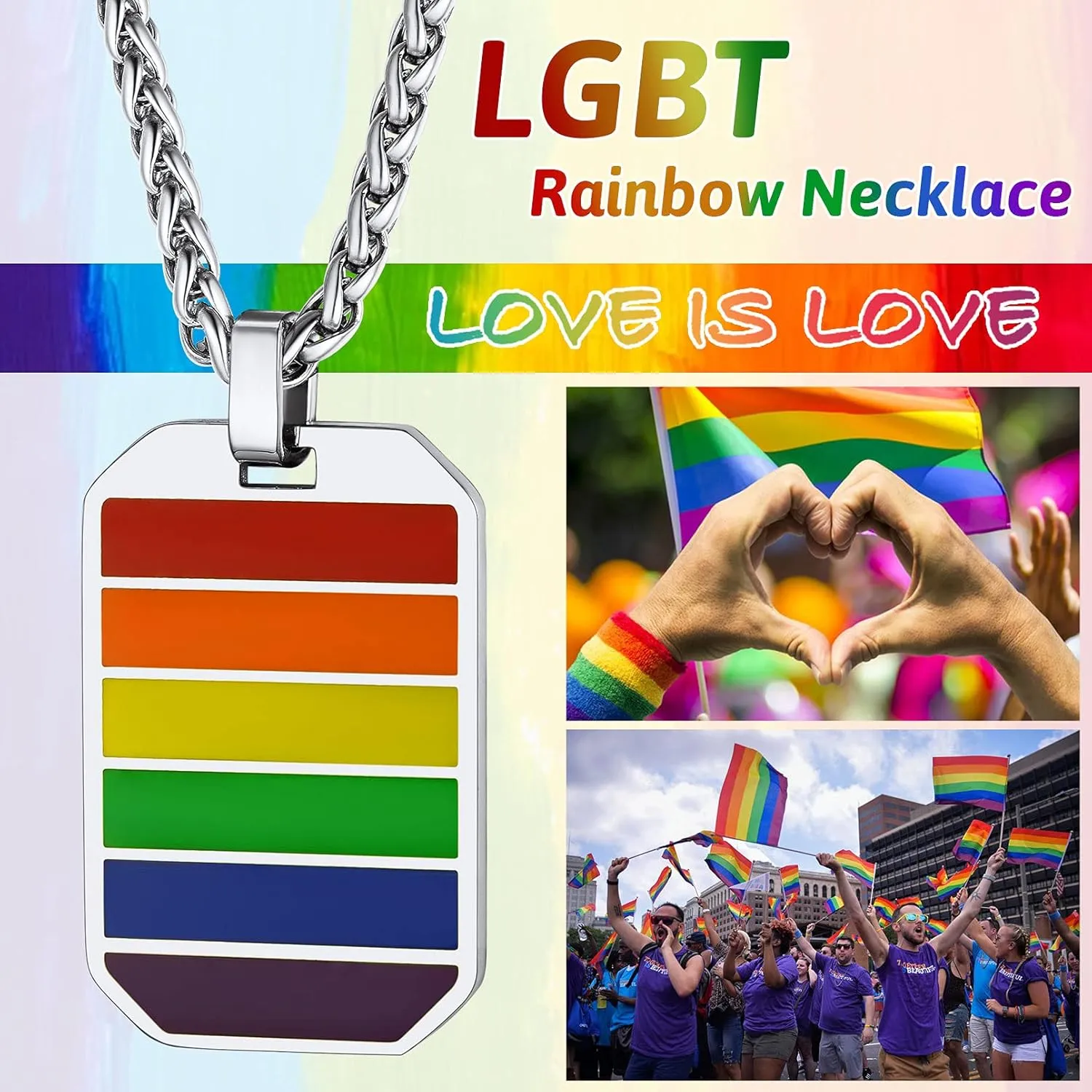 FaithHeart LGBT Gay Pride Jewelry Rainbow Pendant Necklace for Men Women, Stainless Steel/18K Gold Plated Bar/Dog Tag Shape Personalized Customize
