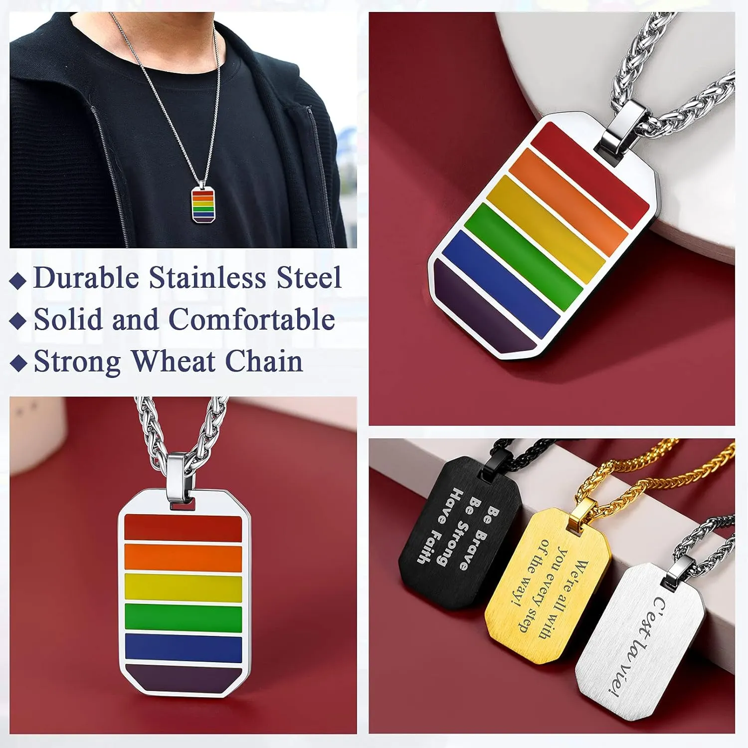 FaithHeart LGBT Gay Pride Jewelry Rainbow Pendant Necklace for Men Women, Stainless Steel/18K Gold Plated Bar/Dog Tag Shape Personalized Customize