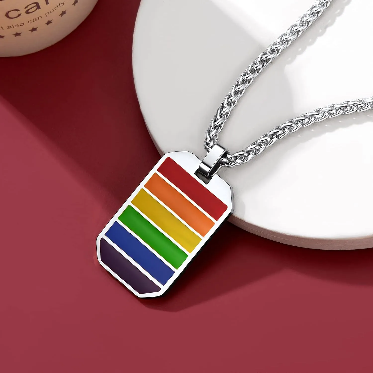 FaithHeart LGBT Gay Pride Jewelry Rainbow Pendant Necklace for Men Women, Stainless Steel/18K Gold Plated Bar/Dog Tag Shape Personalized Customize