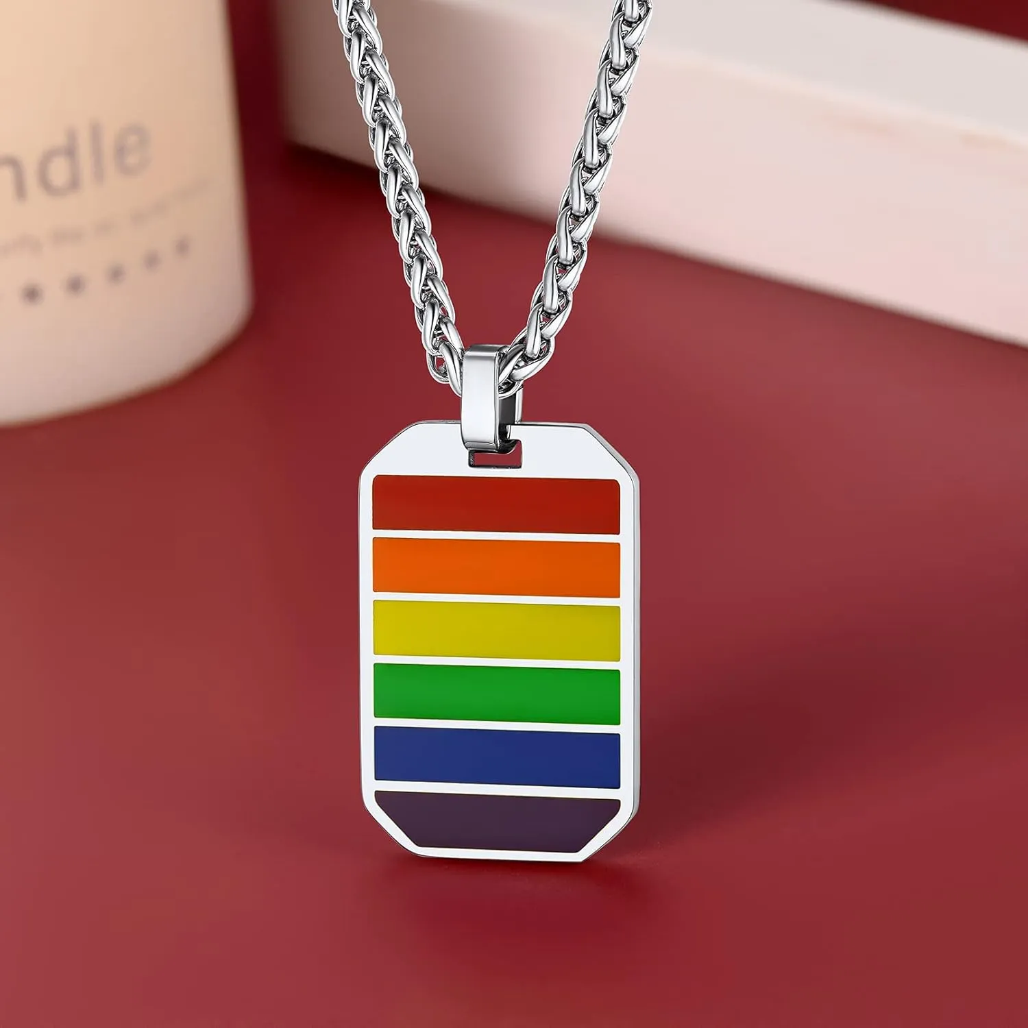 FaithHeart LGBT Gay Pride Jewelry Rainbow Pendant Necklace for Men Women, Stainless Steel/18K Gold Plated Bar/Dog Tag Shape Personalized Customize