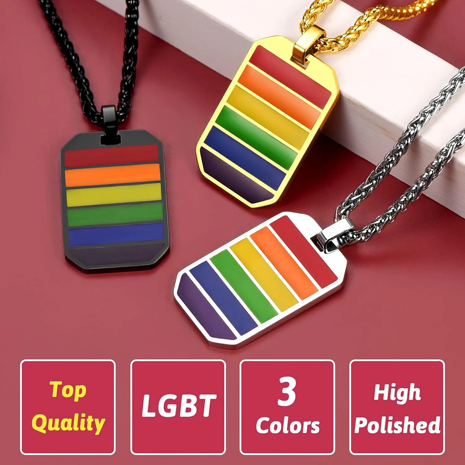 FaithHeart LGBT Gay Pride Jewelry Rainbow Pendant Necklace for Men Women, Stainless Steel/18K Gold Plated Bar/Dog Tag Shape Personalized Customize