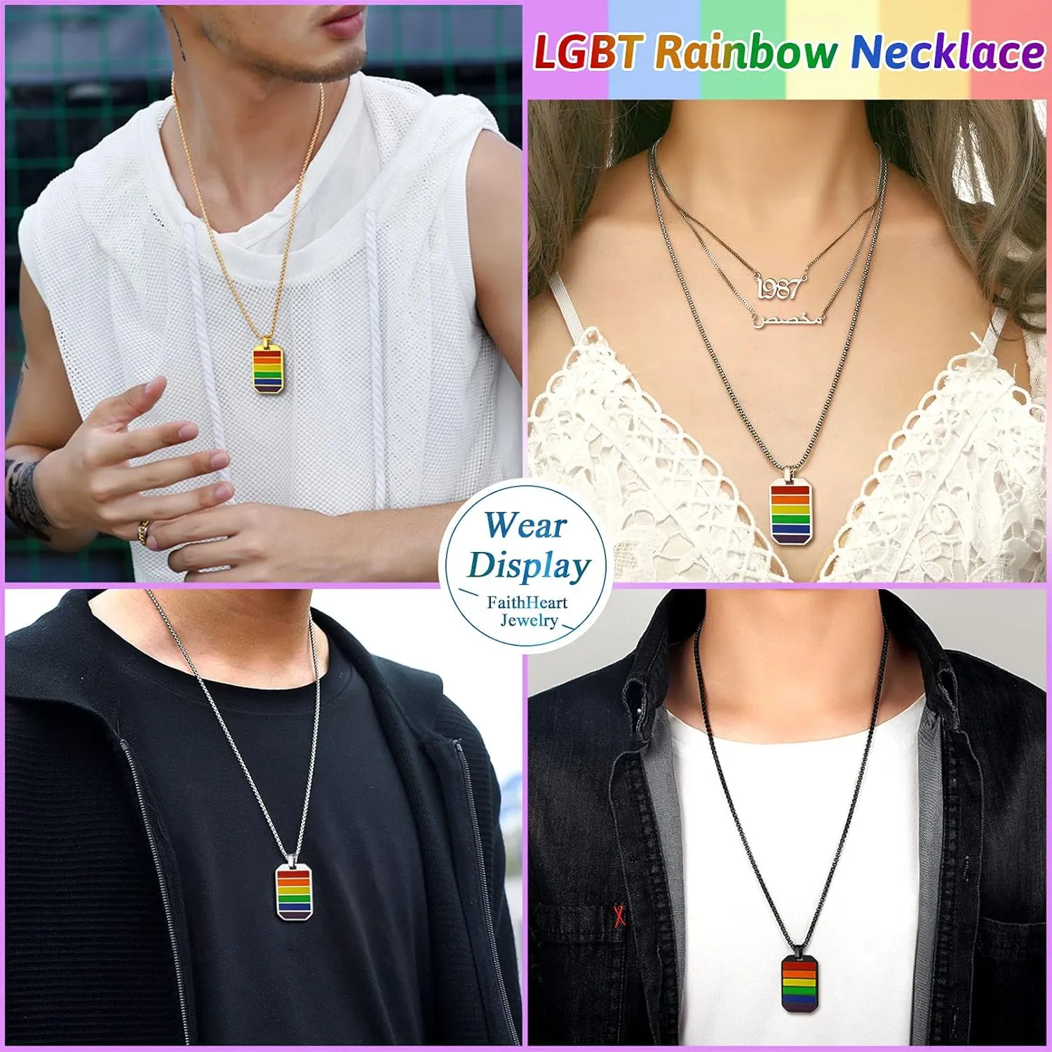 FaithHeart LGBT Gay Pride Jewelry Rainbow Pendant Necklace for Men Women, Stainless Steel/18K Gold Plated Bar/Dog Tag Shape Personalized Customize