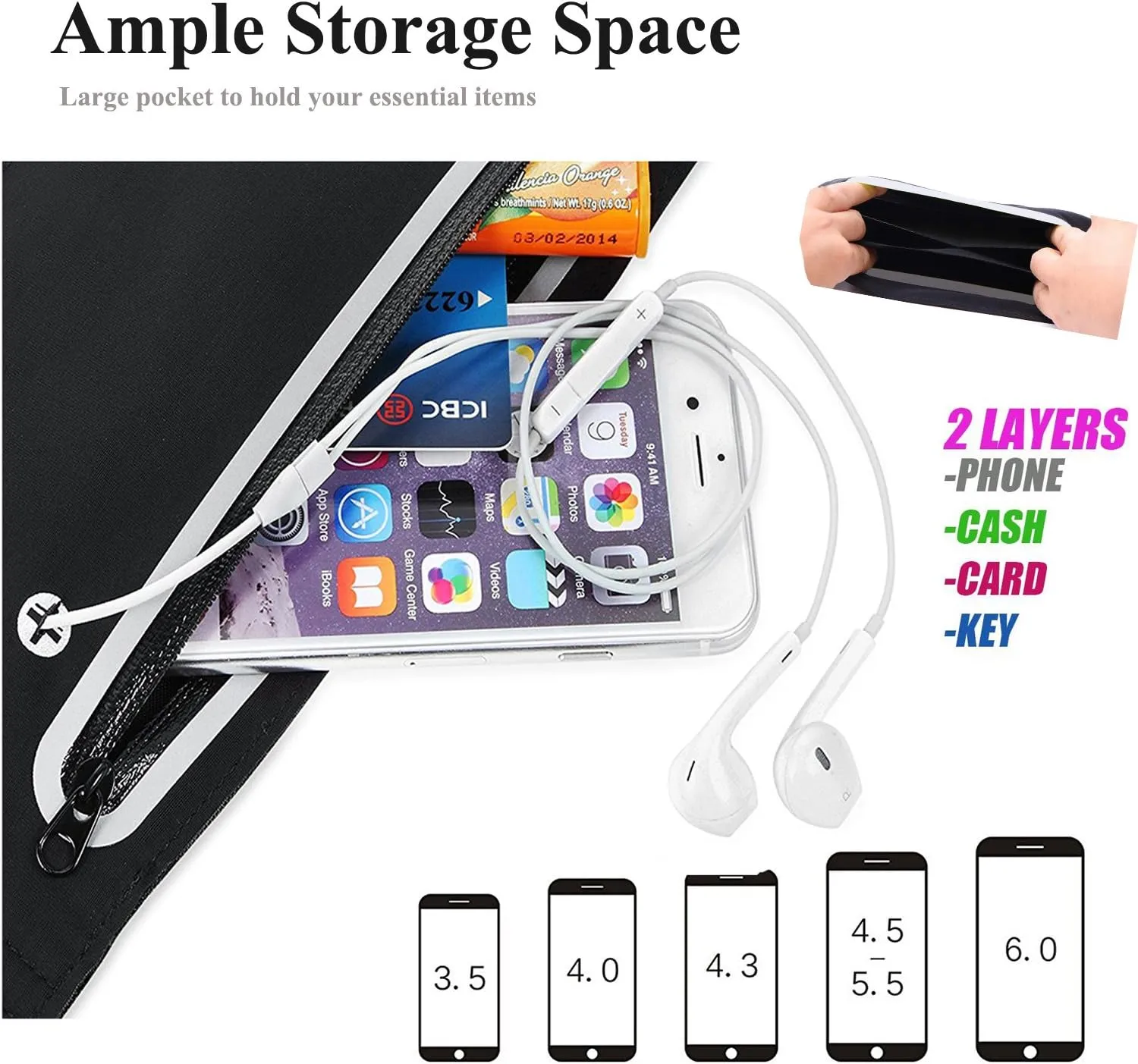 Fanny Packs for Women, Waterproof Fanny Pack for Men, Adjustable Running Belt Waist Pack Slim Expandable Pocket Belt Black, iPhone Running Holder Cell Phone Elastic Waist Pouch Bag for Galaxy