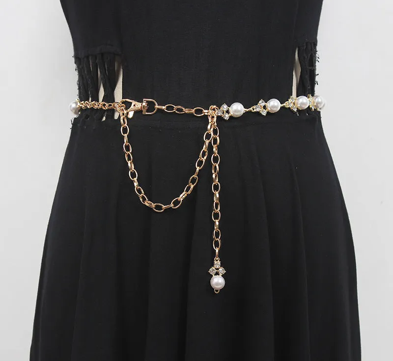 Fashion Women Metal Chain Rhinestone Double Waist Chain With Dress Accessories Belt Decoration Belt