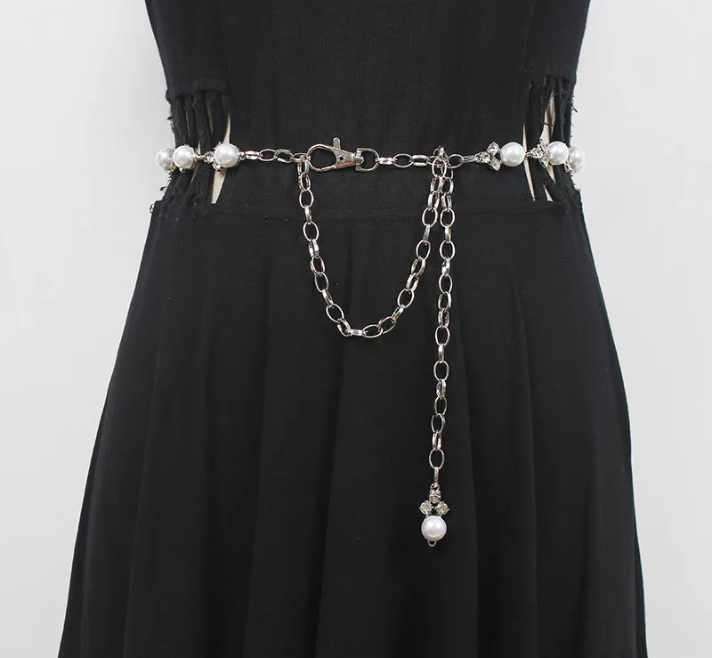Fashion Women Metal Chain Rhinestone Double Waist Chain With Dress Accessories Belt Decoration Belt