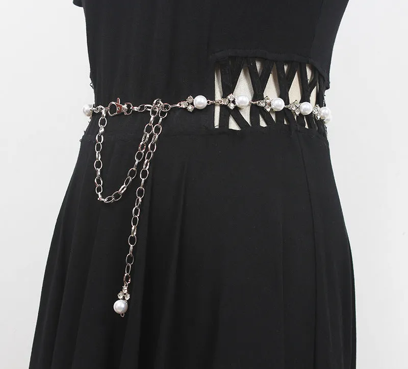 Fashion Women Metal Chain Rhinestone Double Waist Chain With Dress Accessories Belt Decoration Belt
