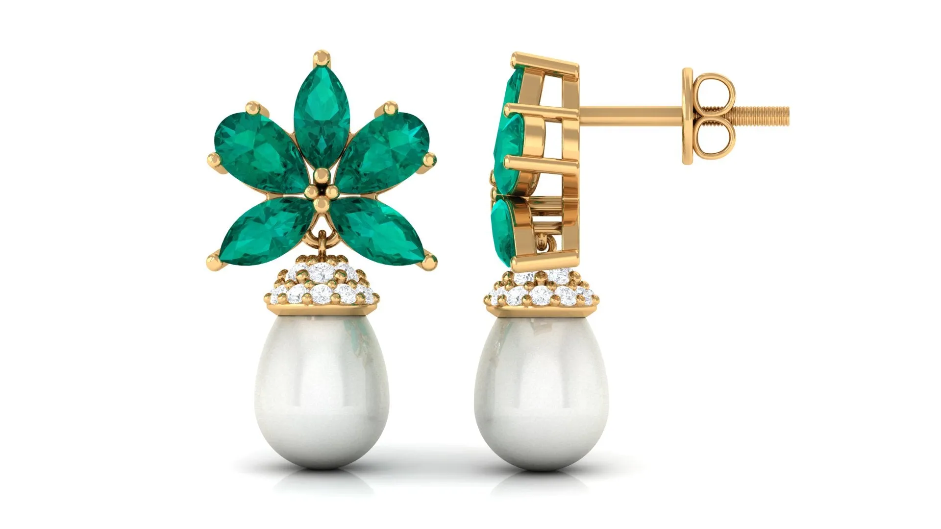 Flower Inspired Pearl Drop Earrings with Emerald