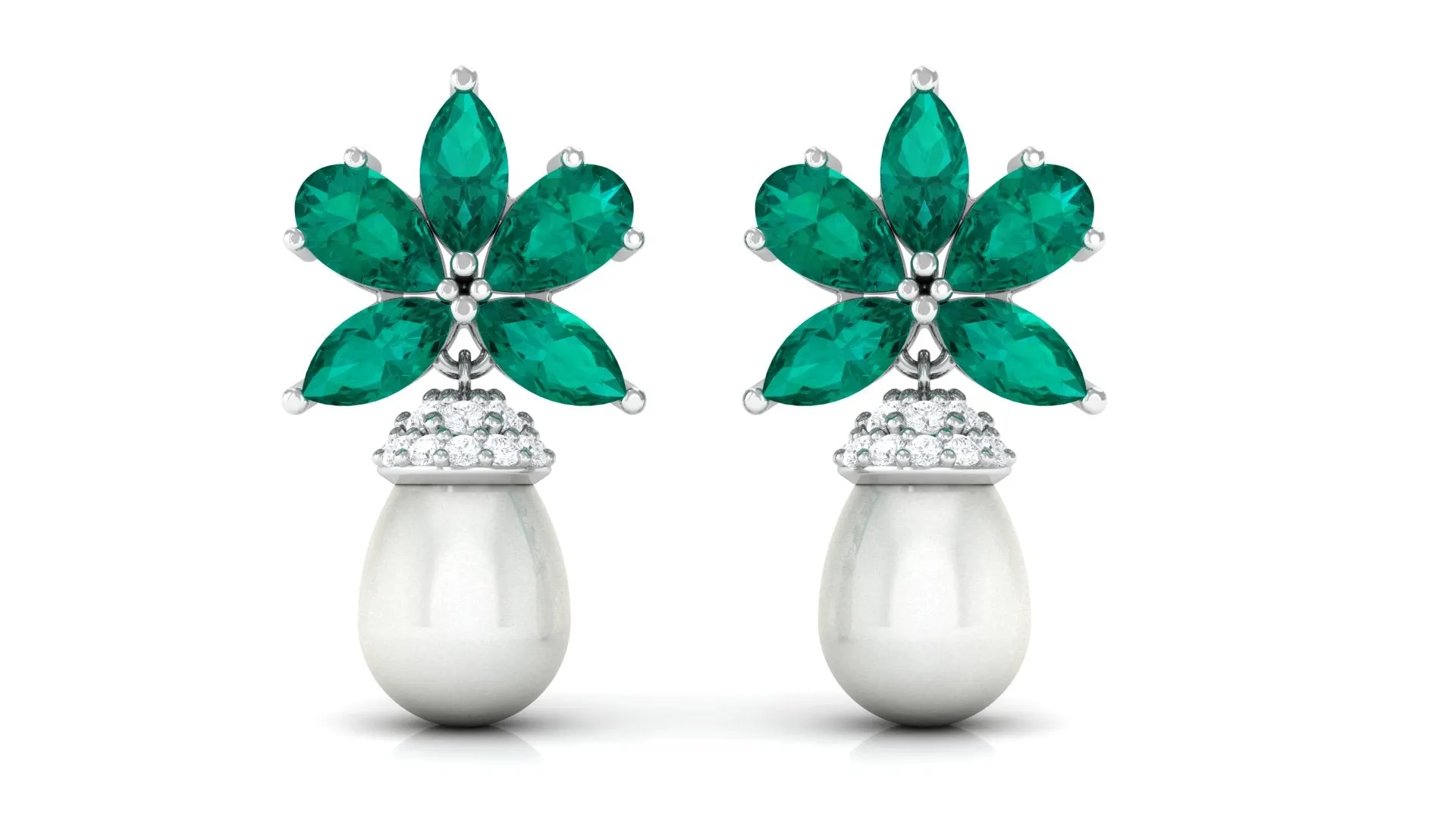 Flower Inspired Pearl Drop Earrings with Emerald