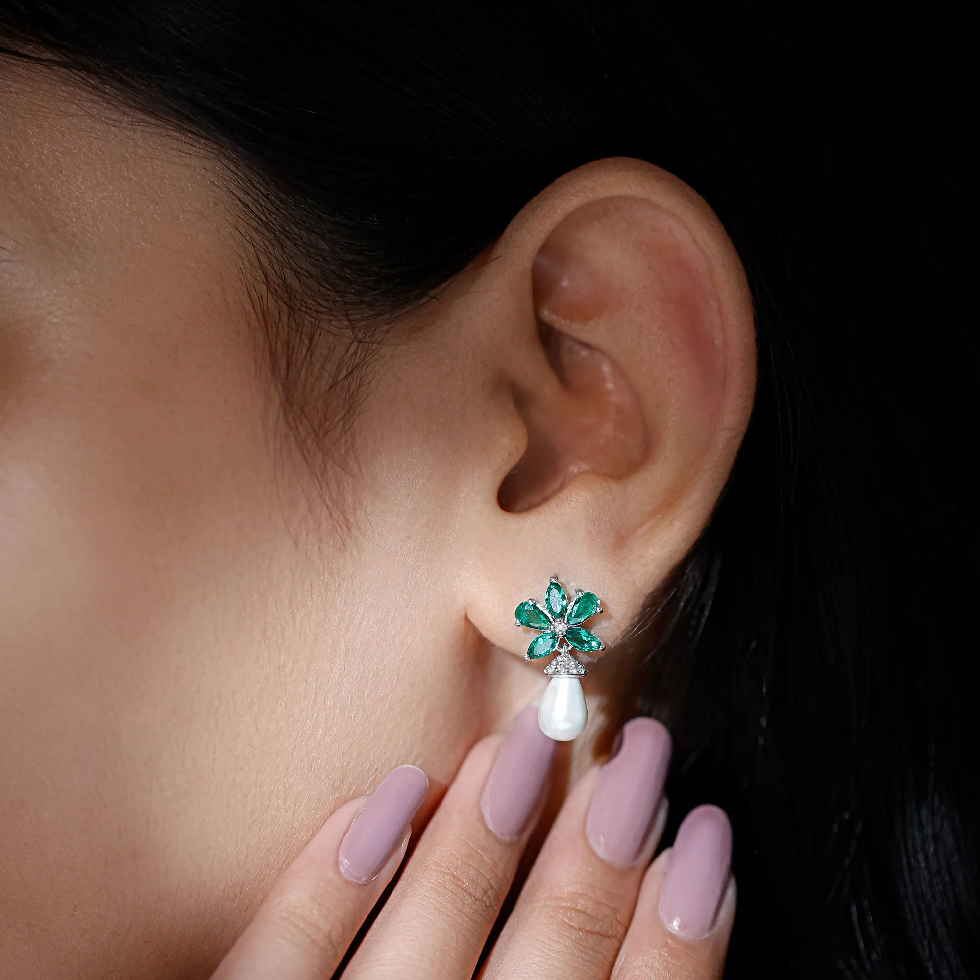 Flower Inspired Pearl Drop Earrings with Emerald