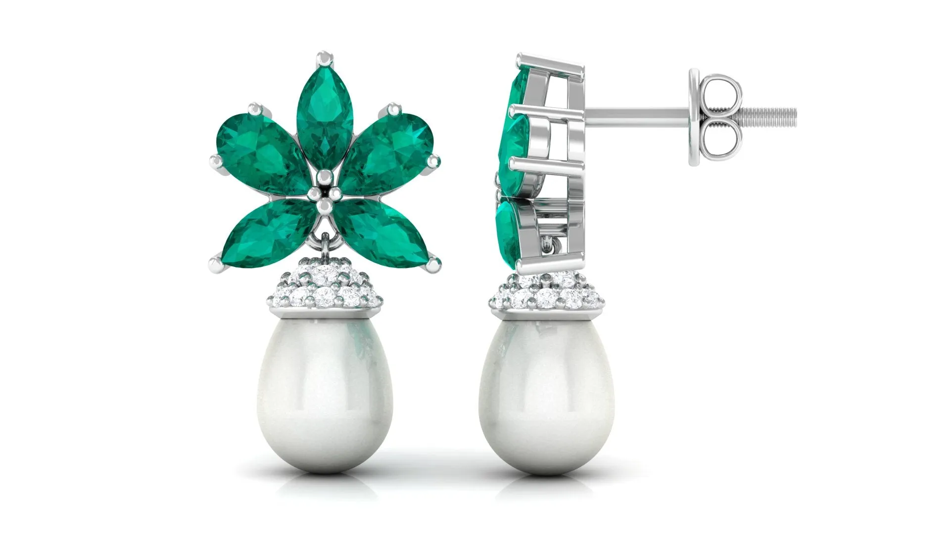 Flower Inspired Pearl Drop Earrings with Emerald