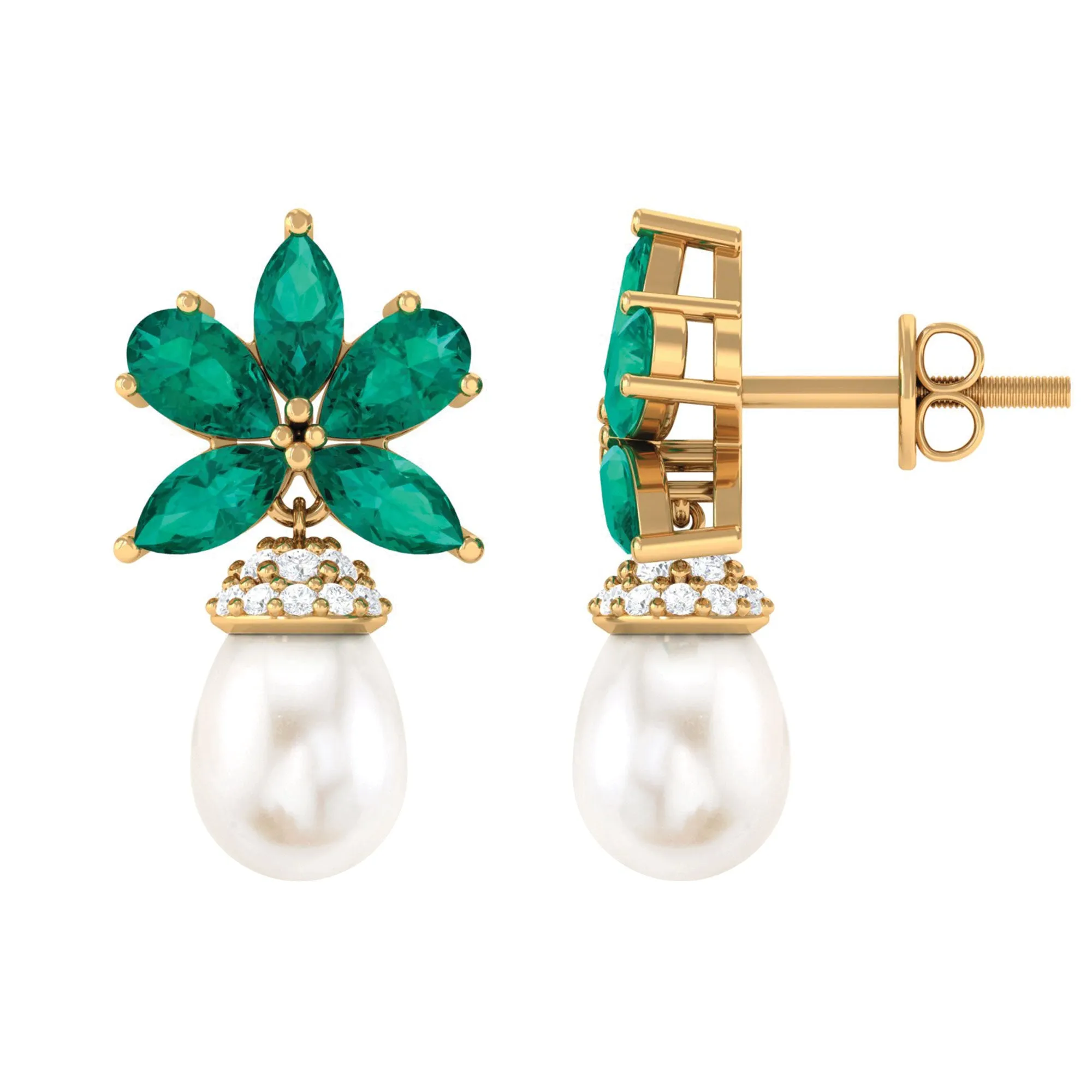Flower Inspired Pearl Drop Earrings with Emerald