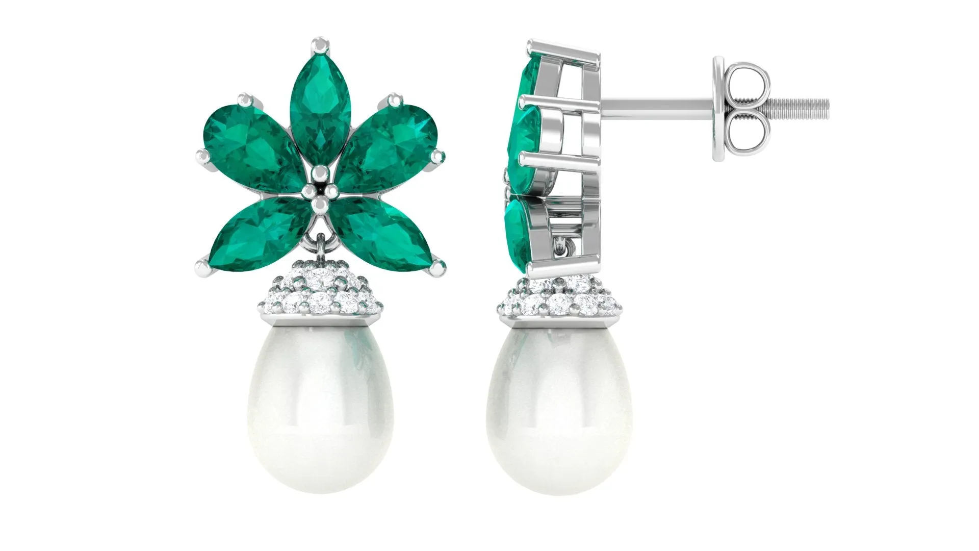 Flower Inspired Pearl Drop Earrings with Emerald