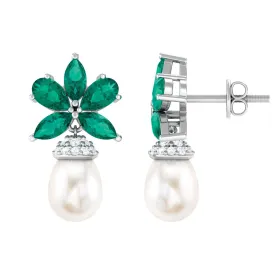 Flower Inspired Pearl Drop Earrings with Emerald