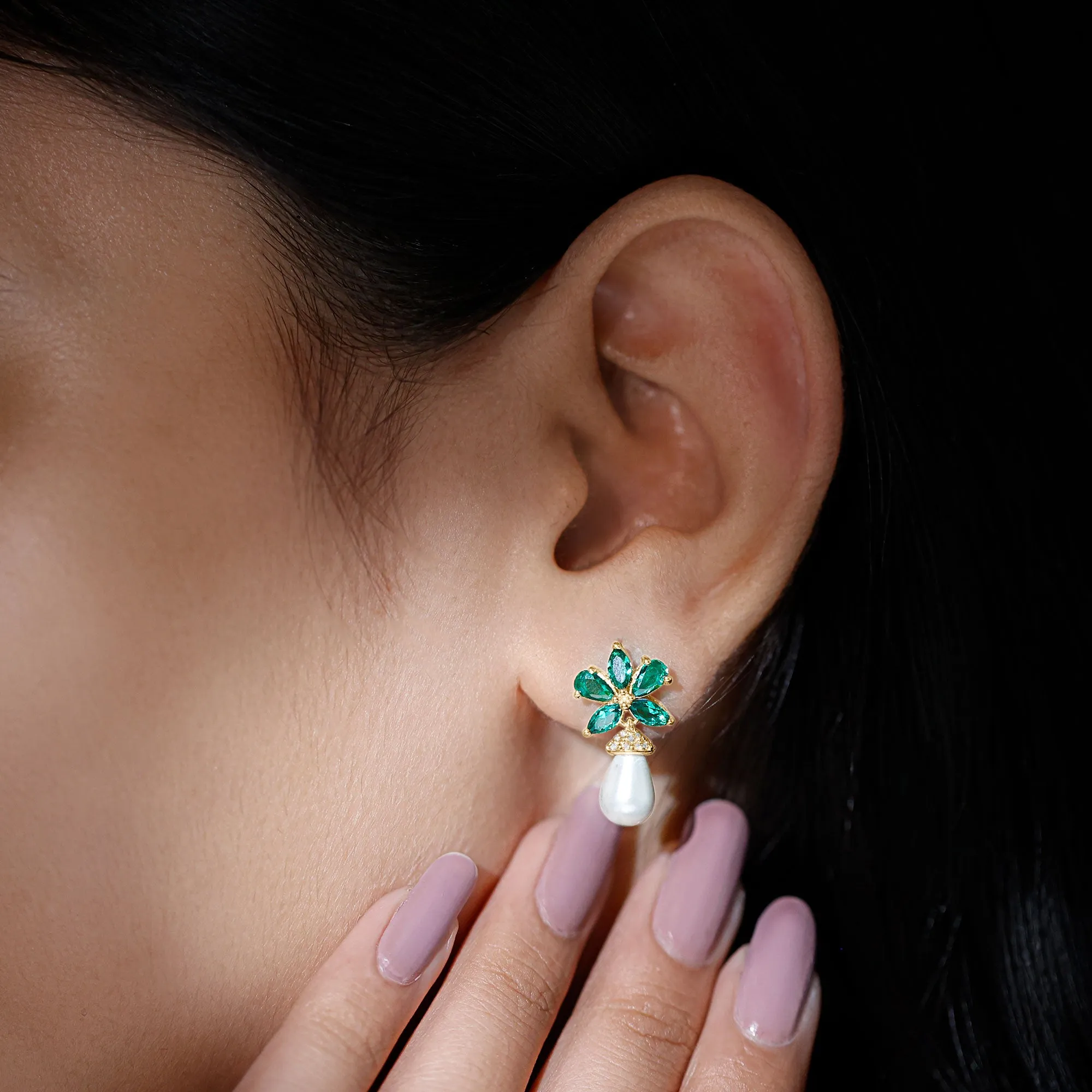 Flower Inspired Pearl Drop Earrings with Emerald