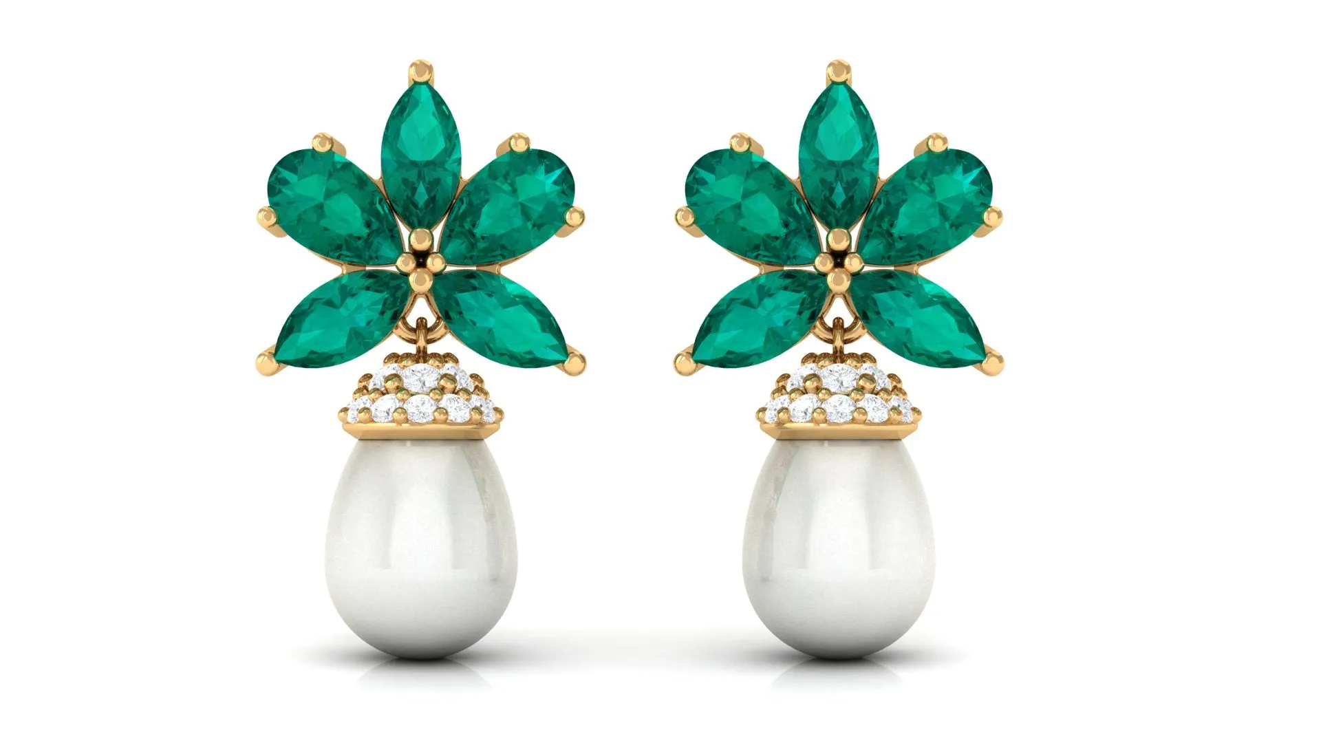 Flower Inspired Pearl Drop Earrings with Emerald