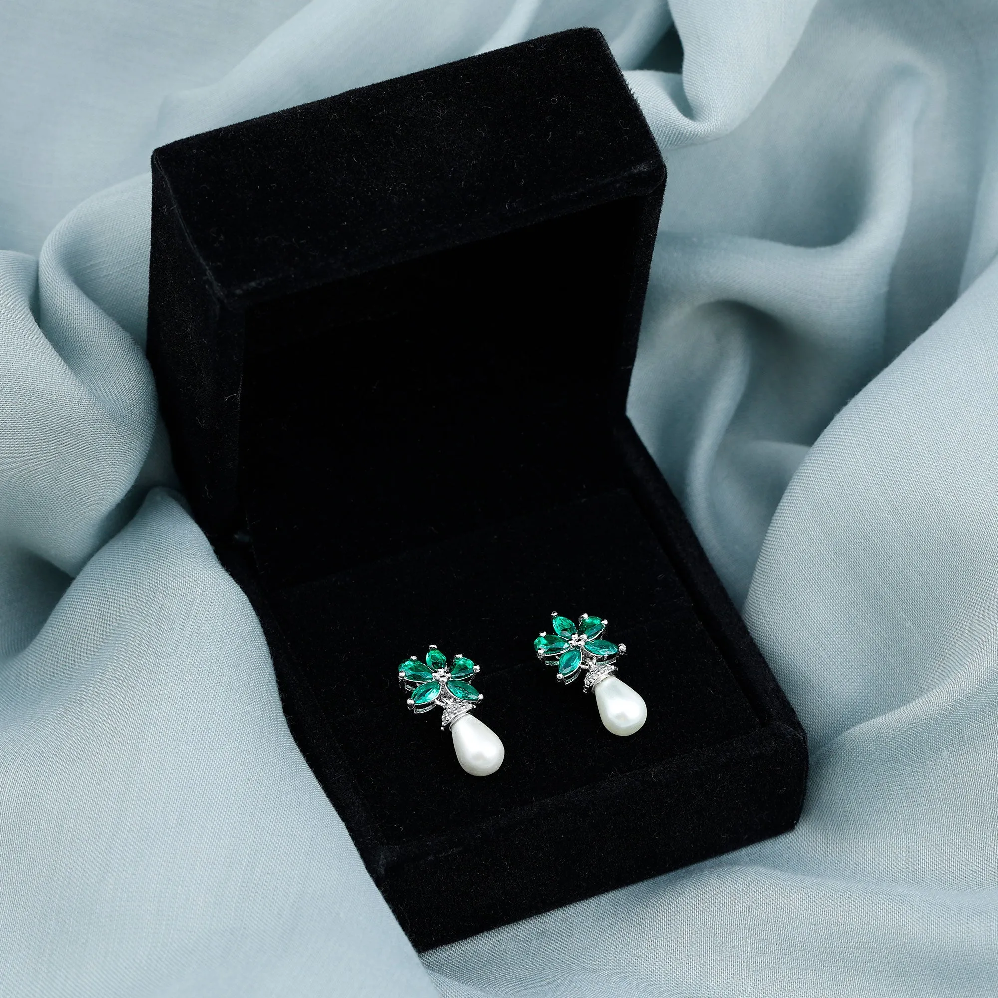Flower Inspired Pearl Drop Earrings with Emerald