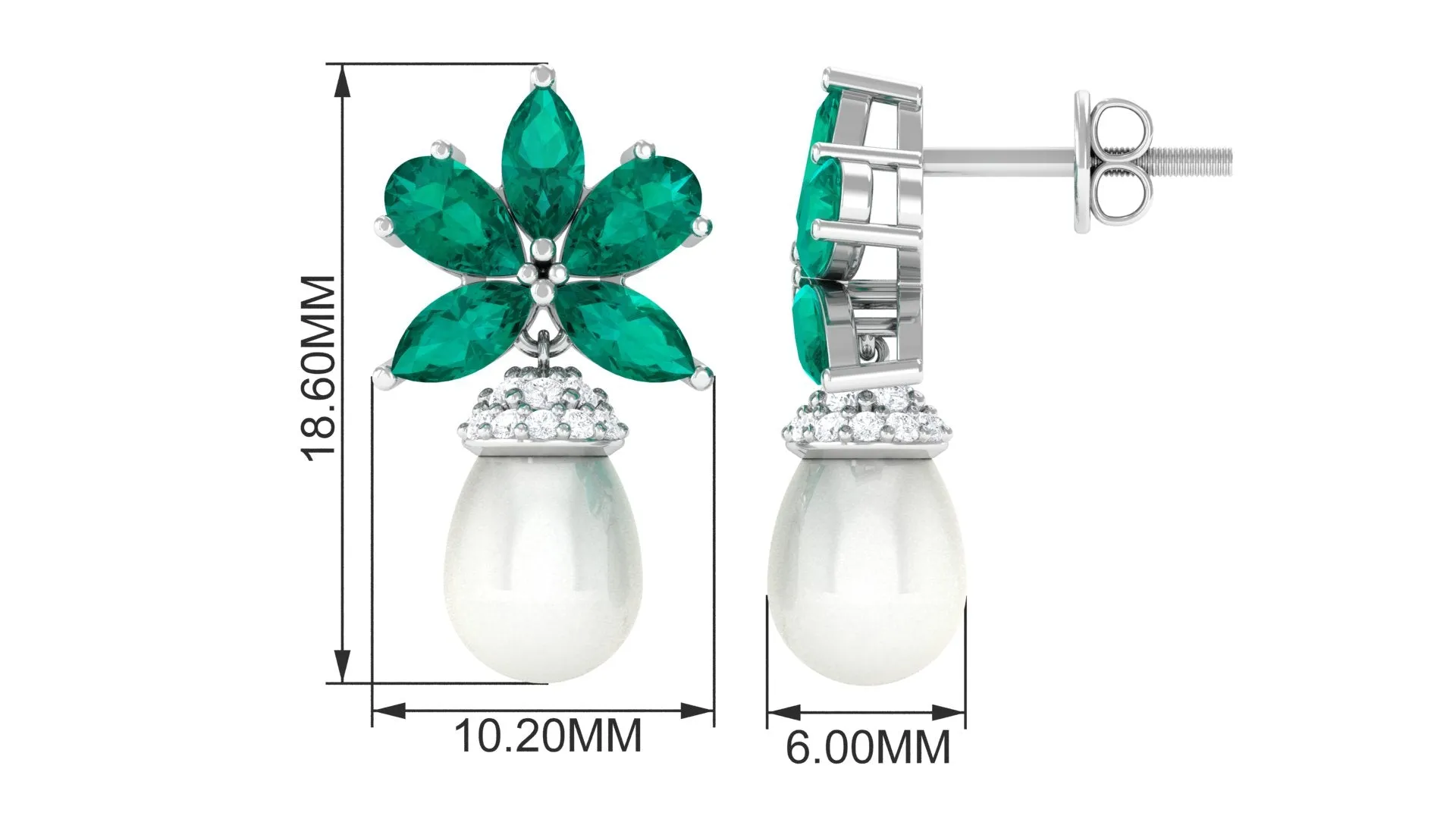 Flower Inspired Pearl Drop Earrings with Emerald