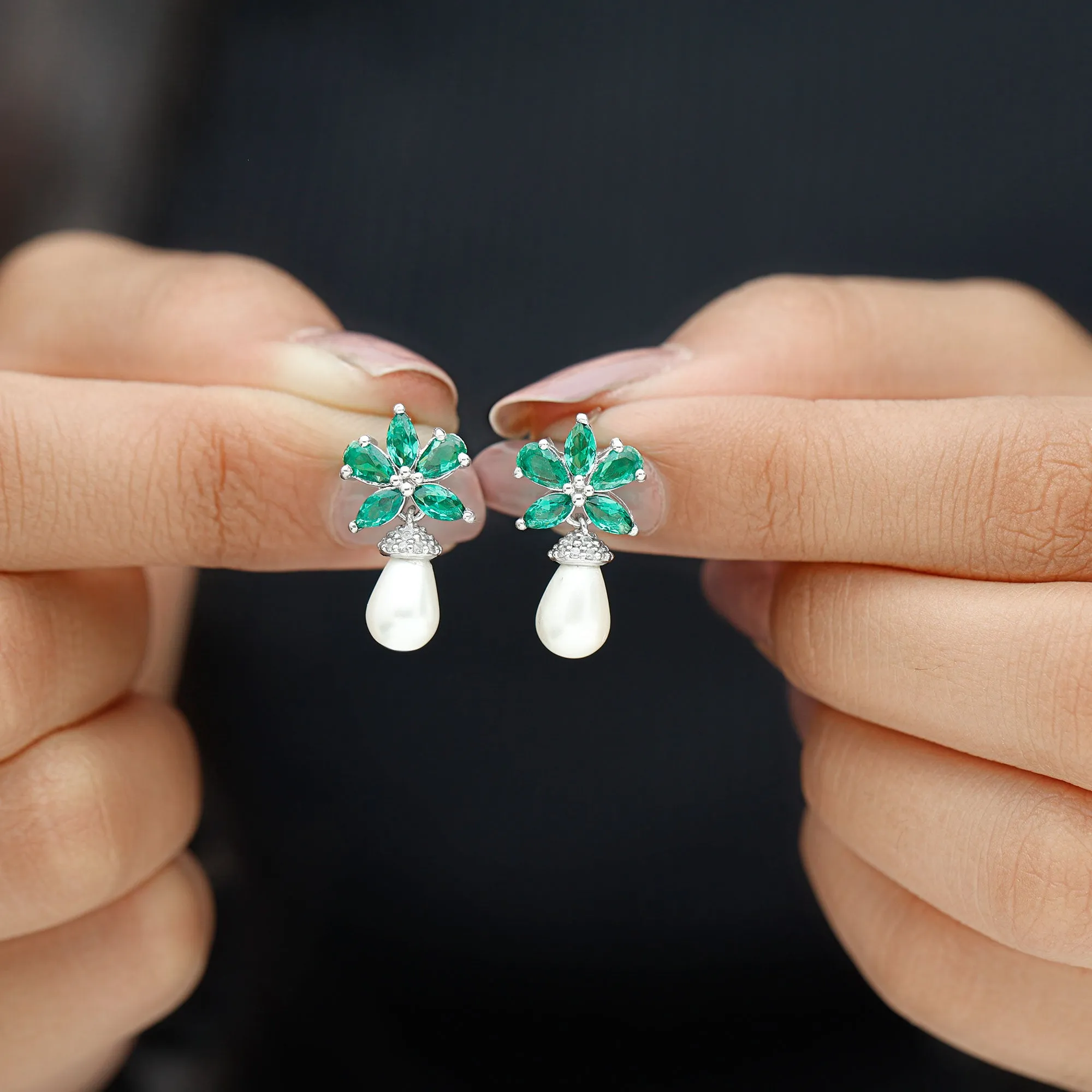 Flower Inspired Pearl Drop Earrings with Emerald